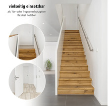 Treppe aus Holz mit Geländer und zwei Detailansichten der Treppe in runden Ausschnitten