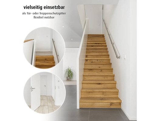 Treppe aus Holz mit Geländer und zwei Detailansichten der Treppe in runden Ausschnitten