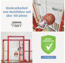 Illustration zur Kindersicherheit mit Prüfsiegel und Herstellerinformationen.