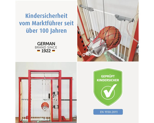 Illustration zur Kindersicherheit mit Prüfsiegel und Herstellerinformationen.