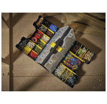 Offener Werkzeugkoffer mit verschiedenen Kleinteilen wie Schrauben, Dübeln und Dichtungen