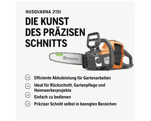 Tronçonneuse à batterie Husqvarna 215i pour travaux de jardinage de précision.