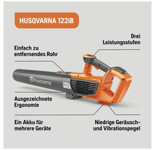 Souffleur à feuilles sans fil Husqvarna 122iB avec tube amovible, trois niveaux de puissance, faibles niveaux de bruit et de vibrations et excellente ergonomie.