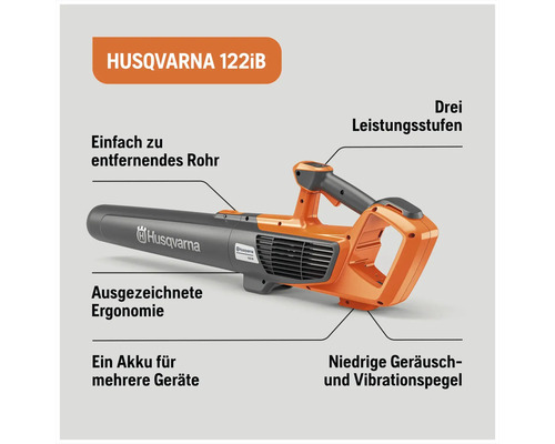 Souffleur à feuilles sans fil Husqvarna 122iB avec tube amovible, trois niveaux de puissance, faibles niveaux de bruit et de vibrations et excellente ergonomie.