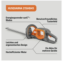 Taille-haie Husqvarna 215iHD45 avec mode d'économie d'énergie, clavier convivial, design léger et ergonomique, moteur à haute efficacité et batterie pour plusieurs appareils