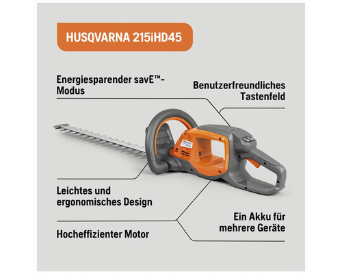 Taille-haie Husqvarna 215iHD45 avec mode d'économie d'énergie, clavier convivial, design léger et ergonomique, moteur à haute efficacité et batterie pour plusieurs appareils
