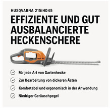 Taille-haie Husqvarna 215iHD45 pour tout type de haie de jardin, pour la taille de branches plus épaisses, confortable et ergonomique à utiliser avec un faible niveau sonore.