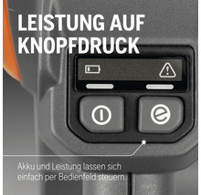Gros plan du panneau de commande avec indicateur de batterie et bouton marche/arrêt