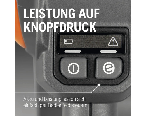 Gros plan du panneau de commande avec indicateur de batterie et bouton marche/arrêt