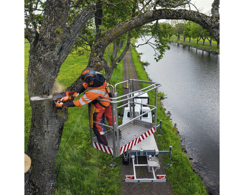 Arboriste avec une tronçonneuse sur une plateforme élévatrice effectuant des travaux d'élagage sur un arbre à côté d'un canal