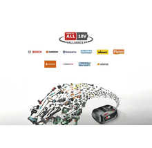 Power for All 18 Volt Alliance avec les logos de Bosch, Gardena, Husqvarna, Gloria, Wagner, Flymo, Ledvance, Perfectpro, Rapid et Steinel ainsi que divers outils de jardinage et une batterie