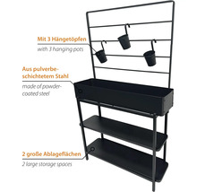 Blumenständer aus pulverbeschichtetem Stahl mit drei Hängegefäßen und zwei Ablageflächen