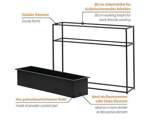 Jardinière noire avec cadre en acier pour l'intérieur, idéale comme séparateur de pièce