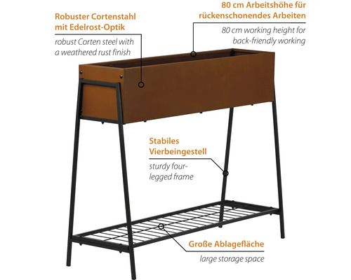 Jardinière surélevée en acier Corten avec espace de rangement