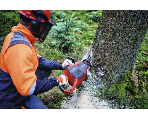 Une personne coupe un tronc d'arbre avec une tronçonneuse à batterie.