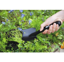 Une personne tient une truelle à main avec une plante dans le jardin.