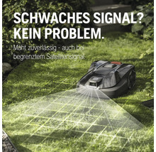 Robot tondeuse Husqvarna sur pelouse avec texte sur signal faible