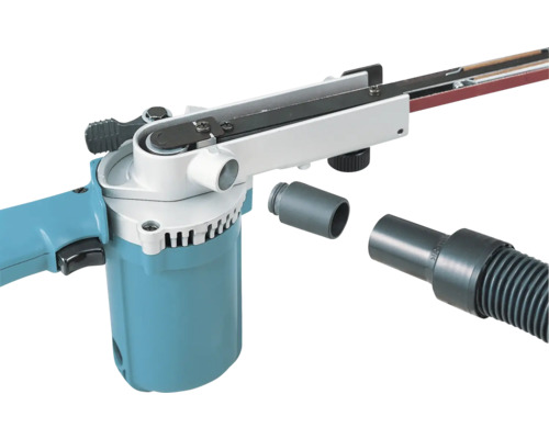 Ponceuse à bande lime électrique avec adaptateur d aspiration et raccord pour tuyau d aspirateur.