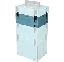 Coffrets de transport Makita Makpac empilables en plastique avec poignée et clips de fermeture.