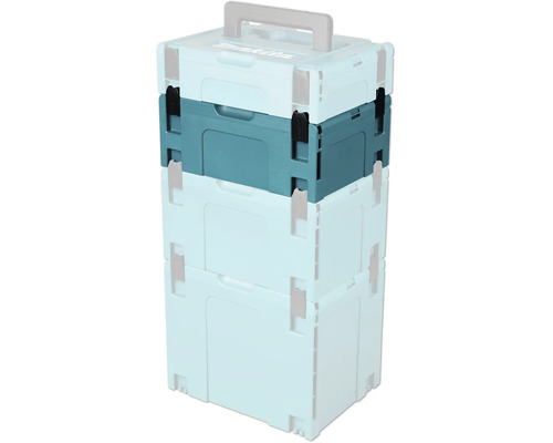 Coffrets de transport Makita Makpac empilables en plastique avec poignée et clips de fermeture.