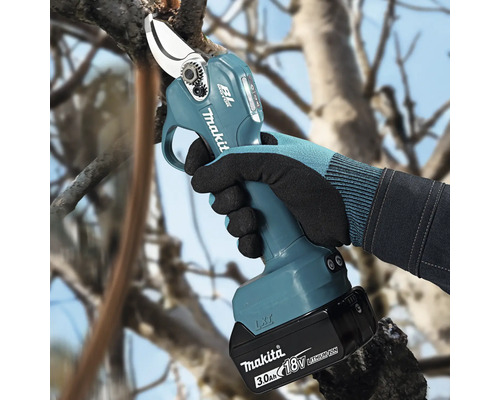 Sécateur à batterie Makita 18 Volt utilisé pour couper une branche d un arbre.