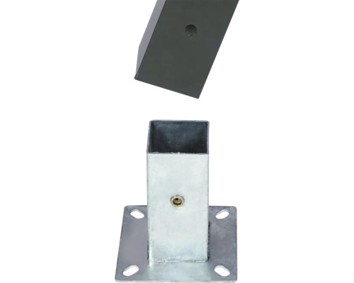 Pfostenträger mit Bodenplatte aus verzinktem Metall und passender quadratischer Pfosten mit Befestigungsloch.