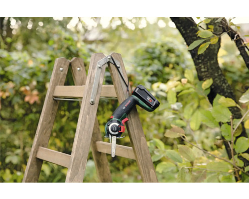 Akku-Gartensäge auf Holzleiter im Garten