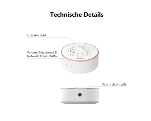 Capteur d'alarme IMOU avec voyant, réglage du volume, bouton d'accès réseau et connecteur d'alimentation