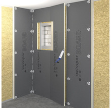 Angle de pièce avec panneaux de construction swissopor BOARD et ouverture de fenêtre, collé avec du mastic