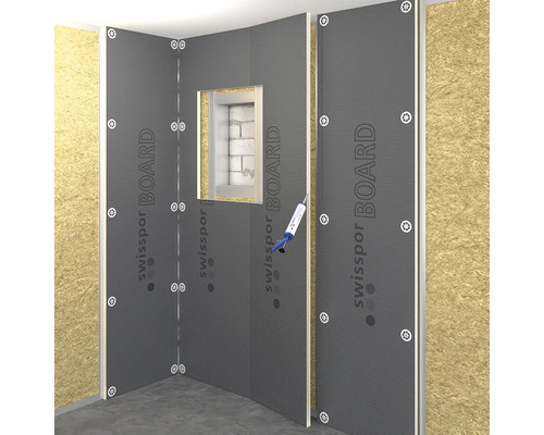 Angle de pièce avec panneaux de construction swissopor BOARD et ouverture de fenêtre, collé avec du mastic