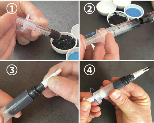 Séquence d'images montrant comment remplir un pinceau vide avec de la peinture noire à l'aide d'une seringue.