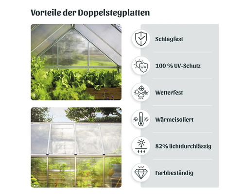 Doppelstegplatten Vorteile: Schlagfest, 100 Prozent UV-Schutz, Wetterfest, Wärmeisoliert, 82 Prozent lichtdurchlässig, Farbbeständig