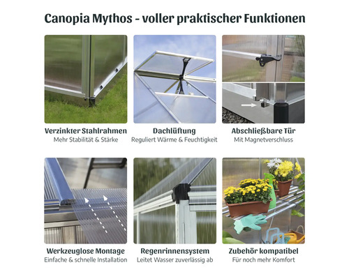 Canopia Mythos Gewächshaus Details: verzinkter Stahlrahmen, Dachlüftung, abschließbare Tür mit Magnetverschluss, werkzeuglose Montage, Regenrinnensystem, Zubehörkompatibilität