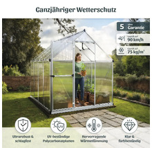 Gewächshaus mit Ganzjahreswetterschutz, fünf Jahre Garantie, Windlast bis 90 Kilometer pro Stunde, Schneelast bis 75 Kilogramm pro Quadratmeter, ultrarobust, schlagfest, UV beständige Polycarbonatplatten, hervorragende Wärmedämmung, klar und...