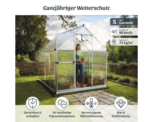 Gewächshaus mit Ganzjahreswetterschutz, fünf Jahre Garantie, Windlast bis 90 Kilometer pro Stunde, Schneelast bis 75 Kilogramm pro Quadratmeter, ultrarobust, schlagfest, UV beständige Polycarbonatplatten, hervorragende Wärmedämmung, klar und...
