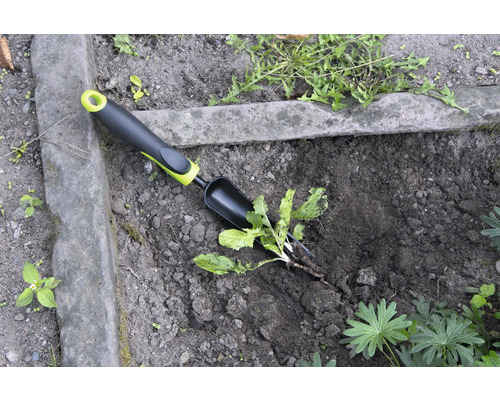 Scène de jardin avec un tire-racines pour enlever les mauvaises herbes