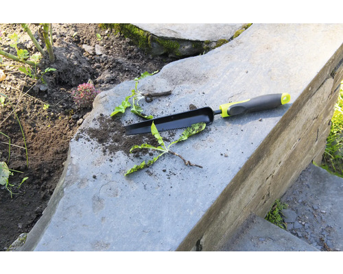 Outil de jardin et mauvaises herbes sur des marches en pierre