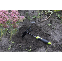 Outil de jardin avec râteau et houe dans le parterre à côté d'une plante