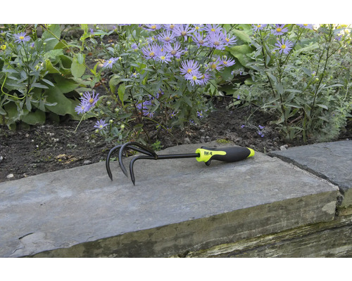 Gartenkralle mit drei Zinken und Kunststoffgriff vor Blumenbeet