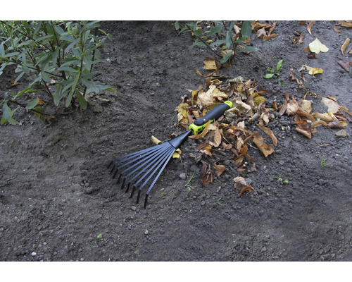 Râteau de jardin pour ramasser les feuilles sur le sol.