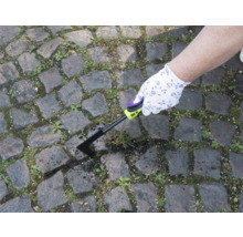 Une personne enlève les mauvaises herbes d'un sentier pavé à l'aide d'un désherbeur de joints.