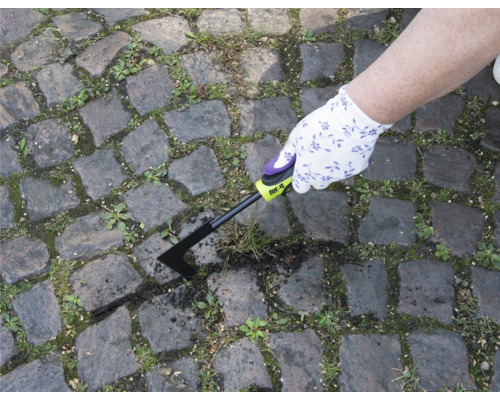Une personne enlève les mauvaises herbes d'un sentier pavé à l'aide d'un désherbeur de joints.