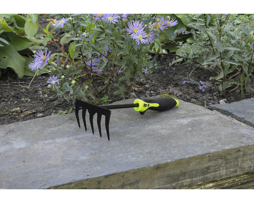 Râteau de jardin à cinq dents devant un parterre de fleurs