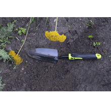 Gartenschaufel mit gelbem Blütenstand im Gartenbeet