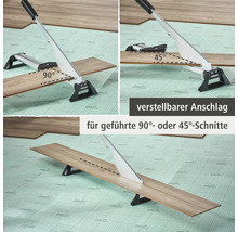 Wolfcraft Laminatschneider mit verstellbarem Anschlag für geführte 90 Grad und 45 Grad Schnitte sowie Längsschnitte.