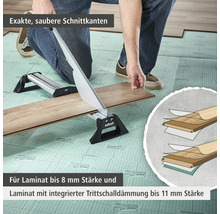Wolfcraft Laminatschneider für saubere Schnitte bei Laminatdielen bis 11 Millimeter Stärke mit integrierter Trittschalldämmung.