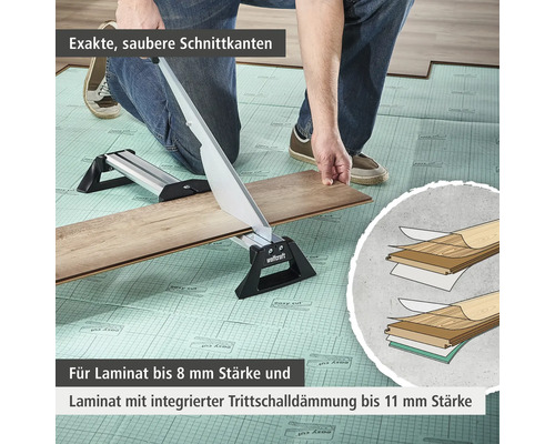 Wolfcraft Laminatschneider für saubere Schnitte bei Laminatdielen bis 11 Millimeter Stärke mit integrierter Trittschalldämmung.
