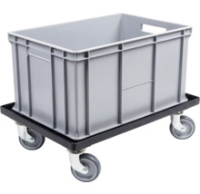 Bac Europe gris en plastique sur un plateau roulant noir avec quatre roulettes pivotantes.