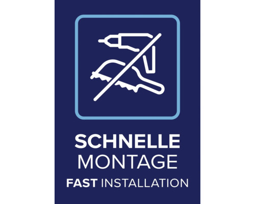 Symbol Schnelle Montage und Fast Installation, Montage ohne Bohren oder Sägen.