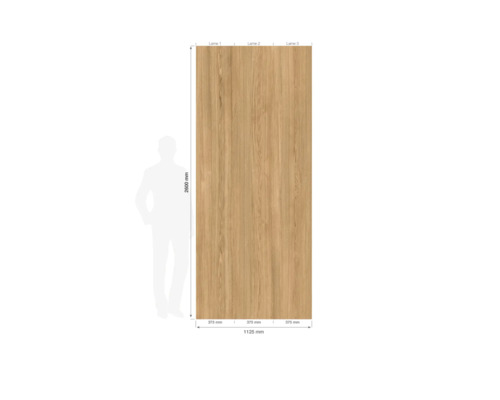 Holz-Wandpaneel mit Abmessungen: Höhe 2600 Millimeter, Gesamtbreite 1125 Millimeter, drei Lamellen zu je 375 Millimeter.